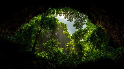 Lush Green Canopy with Sunlight Streaming Through Trees in a Tranquil Forest Setting