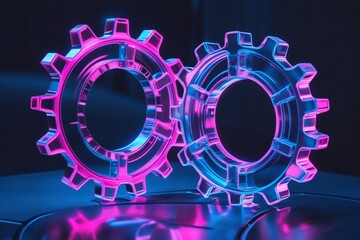 Two translucent 3D gear wheels with a glass-like appearance, illuminated by vibrant pink and blue neon lighting