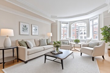 Fototapeta premium A property listing photo of a staged living room with neutral tones and natural light