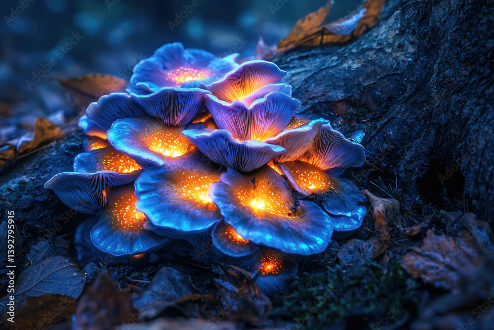 Poster luminescent mushrooms glow with a magical inner light, clustered at the base of a dark, mossy tree.