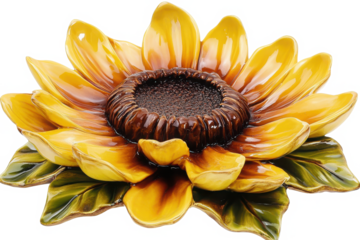 Radiant sunflower with bright yellow petals and brown center, isolated on white background in macro photography