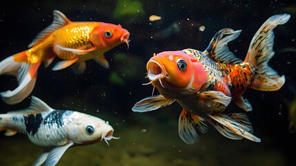 Fototapeta premium Vibrant Koi Fish Swimming Gracefully in Clear Water of a Well-Maintained Aquarium