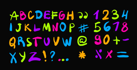 Colorful Hand Drawn Alphabet and Numbers Set, Fun Black Background