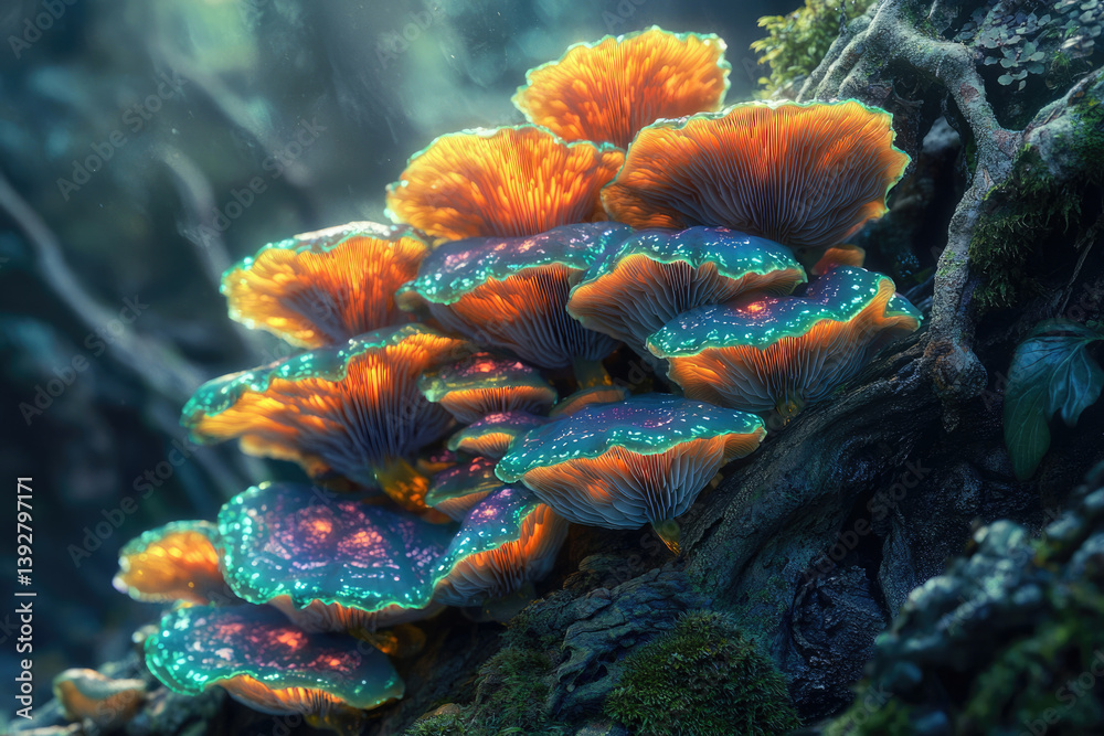 Aufkleber Luminescent fungi cluster on a mossy tree root, creating an ethereal and enchanting forest scene in vibrant, otherworldly colors.