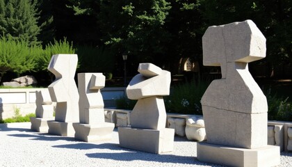 Abstract Stone Sculptures in Sunlight Geometric Art Installation