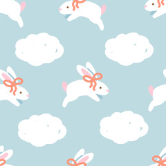 Cute Bunny Pattern, White Rabbits with Red Bows on Blue
