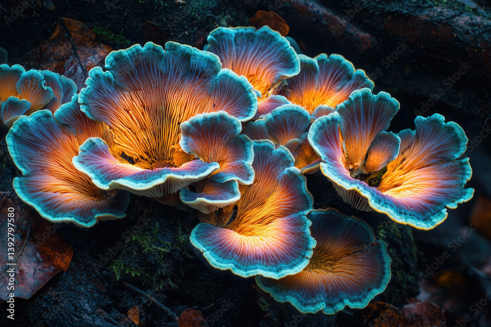 Poster a vibrant cluster of bioluminescent mushrooms with blue and orange hues grows on a decaying log in a