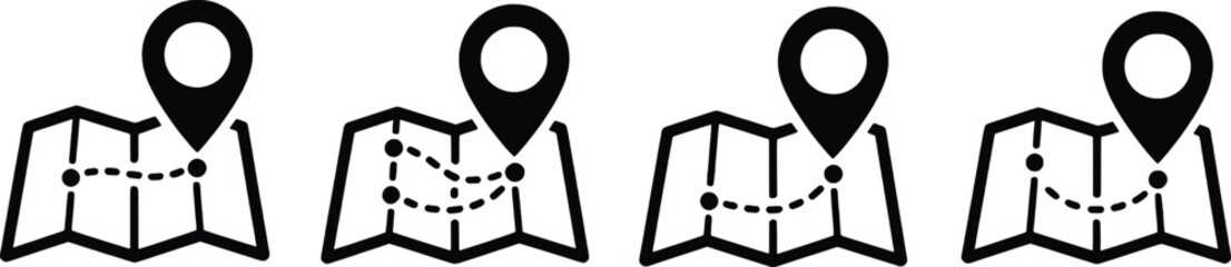 Map Pin Icon Set Showing Route Navigation Location Travel Concept