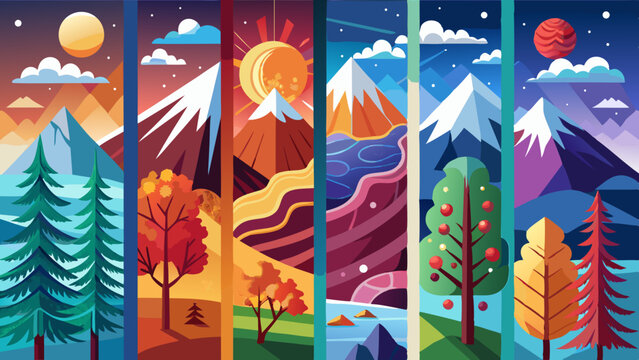 Four season holiday landscape background with mountain and tree for a4 vertical design