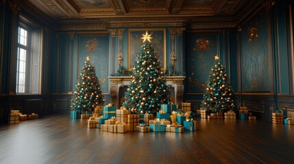Three teal and gold Christmas trees with presents in a luxurious room.