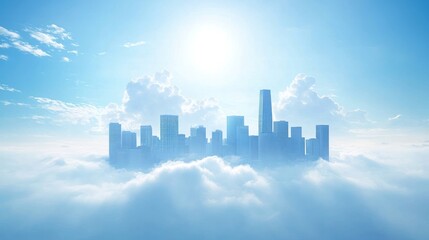Fototapeta premium Cityscape above clouds, bright sunny day.