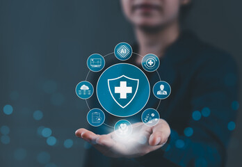 AI-driven healthcare and digital medical technology concept. Woman presents medical shield icon with health and AI symbol, advanced health care, and artificial intelligence in modern medical services.