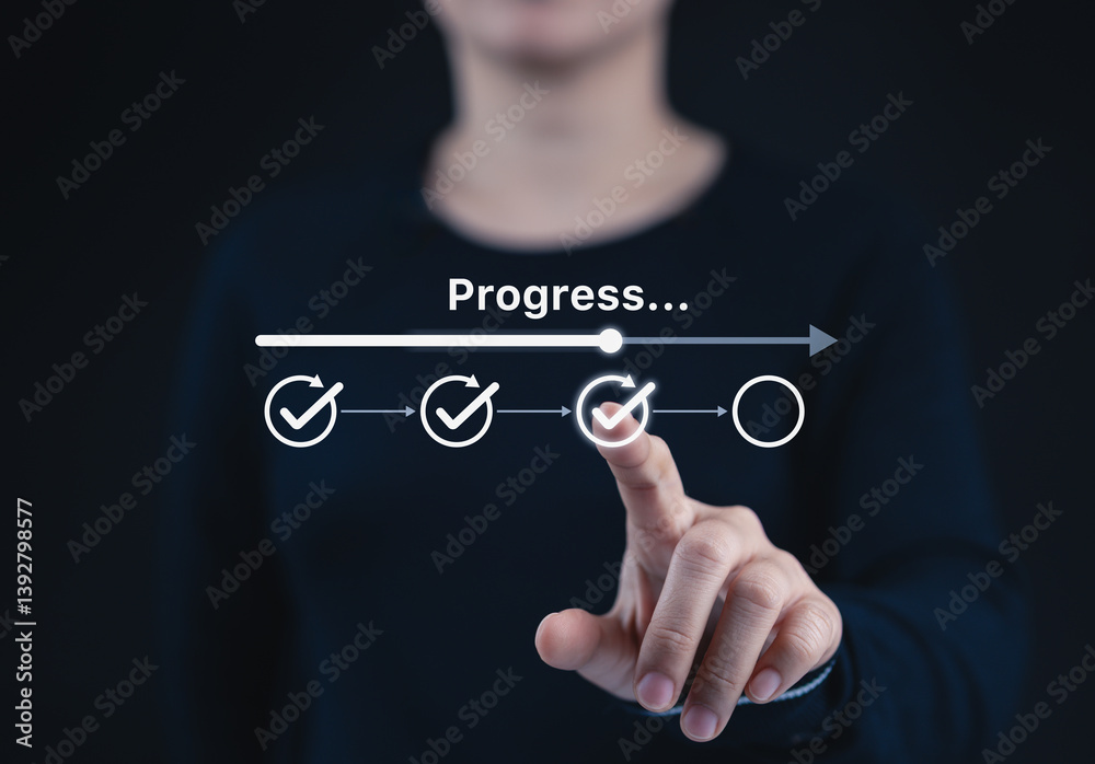 Poster Checklist and task progress tracking concept. A person pointing at progress bar with checkmarks, task completion, productivity, workflow, goal setting, and efficient project management. loading bar,