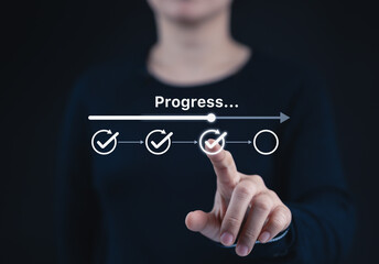 Checklist and task progress tracking concept. A person pointing at progress bar with checkmarks,...