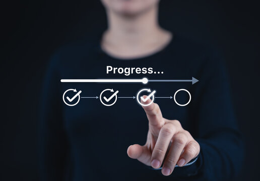Checklist and task progress tracking concept. A person pointing at progress bar with checkmarks, task completion, productivity, workflow, goal setting, and efficient project management. loading bar,