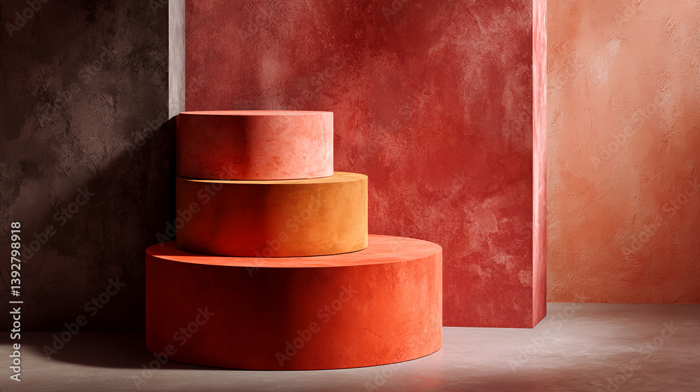 Poster three textured cylindrical podiums in orange and red hues against a matching wall backdrop, creating