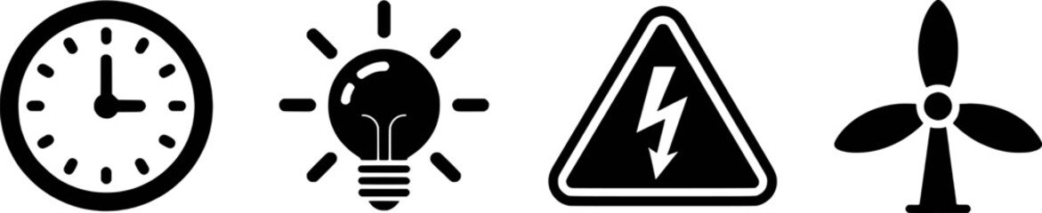 Time Idea Energy And Sustainable Power Black Pictogram Set Collection