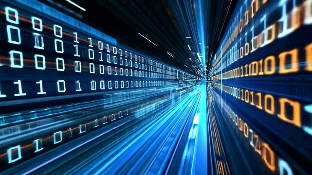 Abstract representation of digital data flow with binary code and light streaks in a futuristic setting
