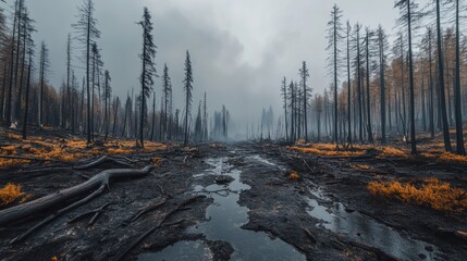 Devastated aftermath scene of wild forest fire.