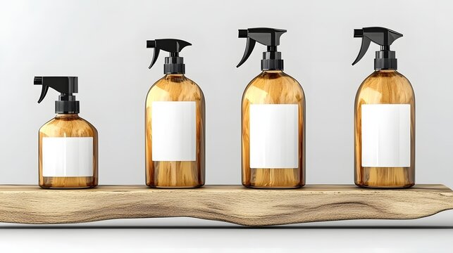 Set of Four Empty Spray Bottles on Wooden Shelf Against a Neutral Background With Plain Labels