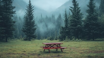 Obraz premium Solitary red picnic table amid a misty forest landscape with towering evergreens