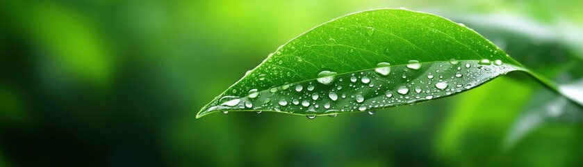 Fototapeta premium A close-up of a green leaf adorned with water droplets, showcasing freshness and nature's beauty in a blurred green background.