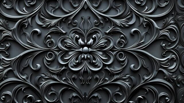 Intricate Dark Ornate Pattern Wallpaper. Black 3D Rosette Background.