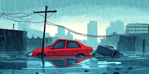 Cars and buildings being submerged in water during extreme weather events, cartoon illustration