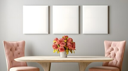 Elegant Dining Area with Pink Chairs and Floral Arrangement on a Light Wooden Table