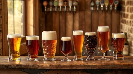 Assorted Beer Glasses Showcase Variety of Craft Beers on Wooden Bar
