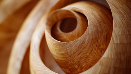 A close-up of wooden patterns swirling in an organic spiral, creating the illusion that they're floating and merging together. The wood has natural grain details with soft lighting to highlight 