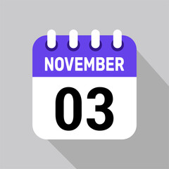 calendar 3 november icon vector date background. Vector schedule symbol.