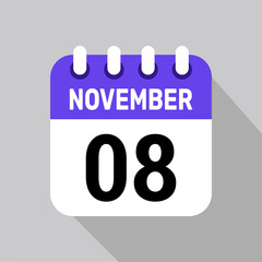 calendar 8 november icon vector date background. Vector schedule symbol.