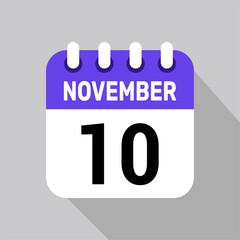 calendar 10 november icon vector date background. Vector schedule symbol.