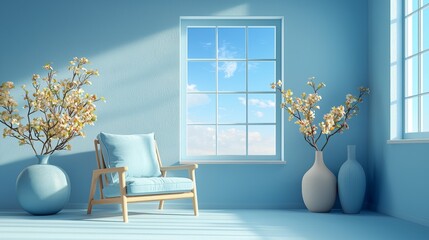 Serene Blue Room Interior  with Wooden Armchair and Blooming Branches