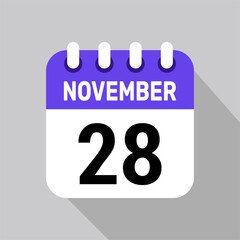 calendar 28 november icon vector date background. Vector schedule symbol.