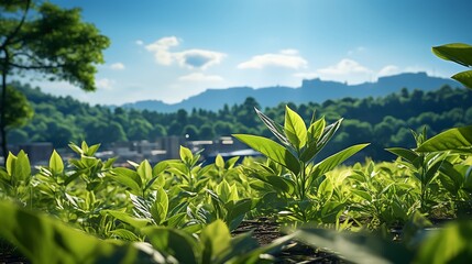 Fototapeta premium Vibrant Green Landscape: Lush Foliage and Distant Mountains under a Sunny Sky