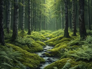 Fototapeta premium A Serene Stream Flows Through a Lush Forest of Birch Trees, Moss, and Ferns, Creating a Tranquil and Enchanting Landscape Scene.