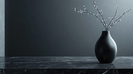 Black vase with branches on marble surface against dark wall.