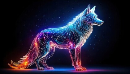 Digital wolf illustration standing with glowing neon lines on black background