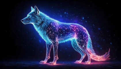 Digital Neon Wolf Standing Tall with Glowing Polygonal Network Design