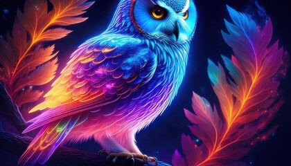 Colorful owl perched on branch in vibrant neon fantasy illustration