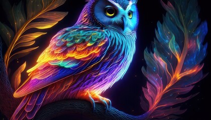 Luminous Owl Perched on Branch with Neon Colored Feathers and Plumage