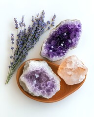 A collection of variously colored stones Beautiful arrangement featuring amethyst crystals and lavender, perfect for decoration and wellness.