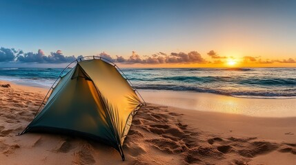 Serene beach campsite at sunset, with a tent on golden sand and calm waves