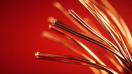 Stripped electrical wire with copper strands on red background, closeup