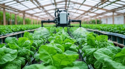 Pesticide farm Concept, Advanced Greenhouse Technology with Automatic Pesticide Sprayers for Efficient Crop Management and Protection