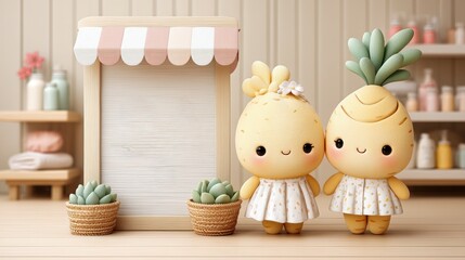 Obraz premium Two cute, anthropomorphic pineapples in dresses stand next to a blank wooden sign, surrounded by small potted plants and a soft, pastel-colored background.