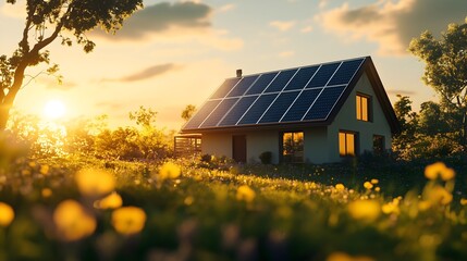 Sustainable House with Solar Panels at Sunset in Spring Meadow, sustaiable