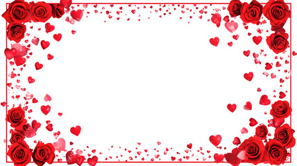 A5 card with a thin red border and a white background, a flat lay with red roses on the edges, heart-shaped confetti, in a clipart style, on a white background, with a Valentine's Day theme.